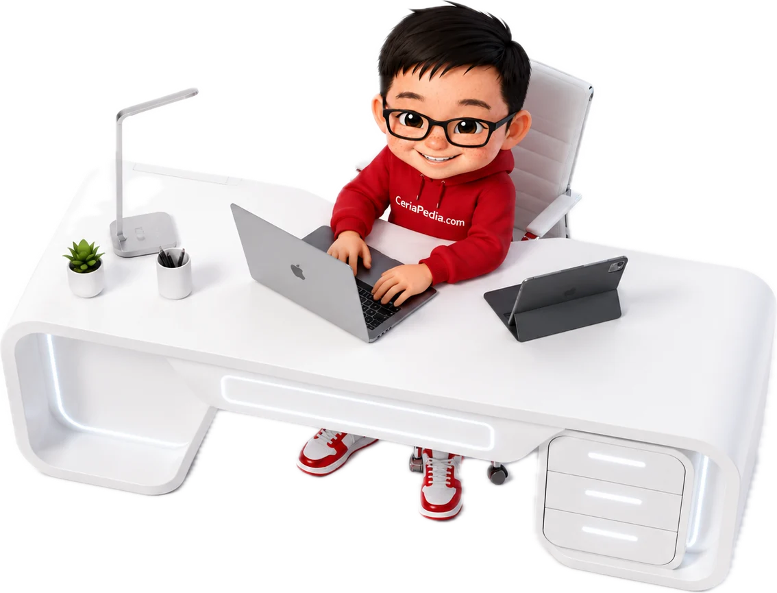 Ceria pedia character in modern desk bird view angle